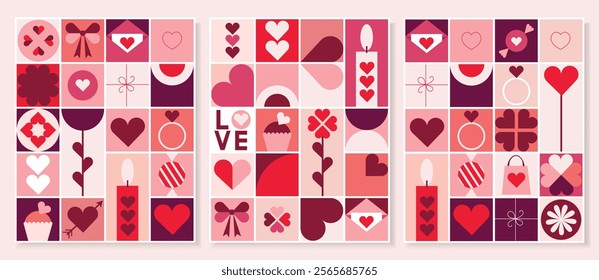 Valentine's day greeting cards set, geometric elements, vector template, flat design