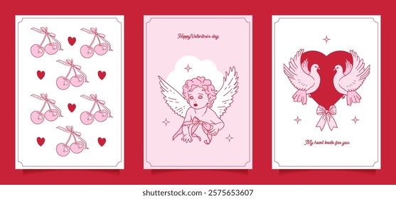 Valentine's day greeting cards set with pink bows, cupid, doves and cherries. Trendy minimalistic vintage print. Vector hand drawn design for posters, labels, ads.