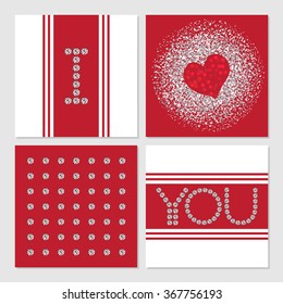 Valentine's Day greeting cards, set of valentines, heart of glitter, diamond decoration, shiny letters, silver powder, shiny design, vintage elegant style