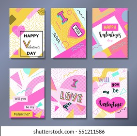 Valentine's day greeting cards set in trendy 80s-90s sty