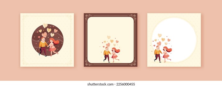 Valentine's Day Greeting Cards or Square Posts With Cheerful Young Couple Holding Hands Together And Heart Shapes Balloons.