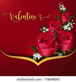 Valentine's Day Greeting Cards templates with realistic of beautiful rose, gold patterned on background color. Vector Eps.10