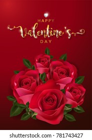 Valentine's Day Greeting Cards templates with realistic of beautiful rose, gold patterned on background color. Vector 