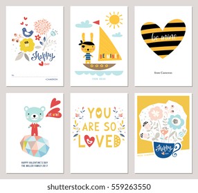 Valentine's Day greeting cards with typographic design and kids illustrations. 