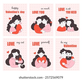 Valentines Day greeting cards with various couples. Concepts for background, website and mobile website banner, social media banner, marketing material. Vector illustration in flat style