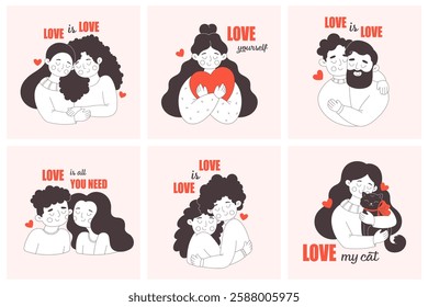 Valentines Day greeting cards with various couples. Concepts for background, website and mobile website banner, social media banner, marketing material. Vector illustration in flat style