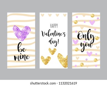 Valentines day greeting cards vector illustration. Glitter violet and gold hearts banners