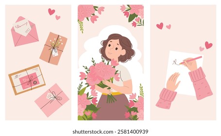 Valentine's Day greeting cards. Woman with bouquet of flowers.  St. Valentine's Day on February 14 with envelopes and love letters. Vector illustration.