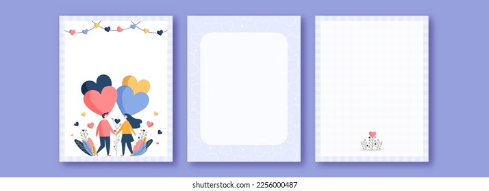 Valentine's Day Greeting Cards With Young Couple Character Holding Hands Together, Colorful Hearts And Space For Text.