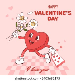 Valentines day greeting card.Valentine's day.Groovy retro happy heart with flowers and gift and text. Vector Hippie happy hearts in retro cartoon style. Vintage hearts in retro cartoon style and text.