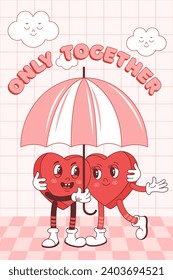 Valentinstag Grußkarte.Valentinstag.Groovy retro zwei Liebhaber umarmt Herzen unter einem Regenschirm und Text. Vector Hippie fröhliche Herzen im Retro-Cartoon-Stil. Vintage-Stil und Text.