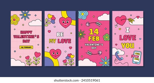 valentine's day greeting and celebration social media template collection with retro 90's style