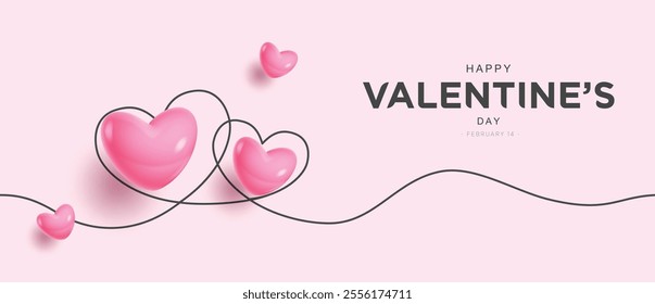 Valentine's day greeting clipart banner design. Happy hearts day invitation card with pink balloons nubes and continuous line in minimal background. Vector illustration valentine greetings clip art. 
