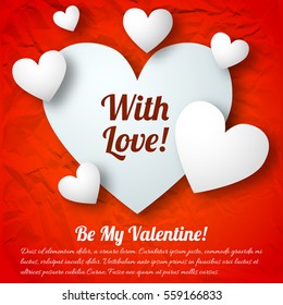 Valentines day greeting concept with text white hearts on red crumpled paper vector illustration