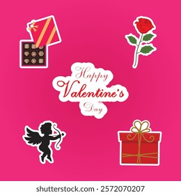 Valentine's Day Greeting Design with Cupid, Roses, Gifts, Chocolates, and Romantic Elements on Pink Background