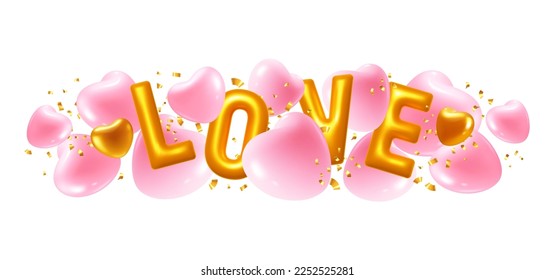 Valentines Day Grußdesign-Vorlage. Konvex goldene Buchstaben Liebe, rosafarbene und goldene Herzen mit Tinsel einzeln auf weißem Hintergrund. Vektorgrafik 3d, realistische Abbildung EPS10
