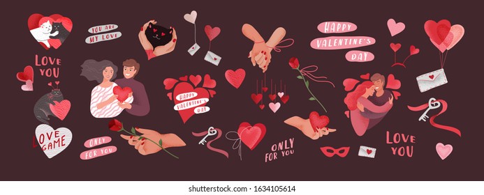 Valentines Day greeting elements set for card or poster Hearts, envelope, happy romantic couple, woven hands, key of heart, lettering typography. Flyers, invitation. Vector design concept. Cartoon