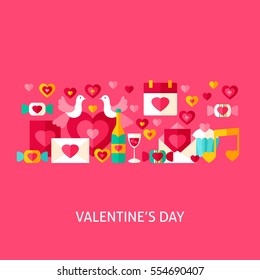 Valentines Day Greeting. Flat Design Vector Illustration. Love Holiday Poster.