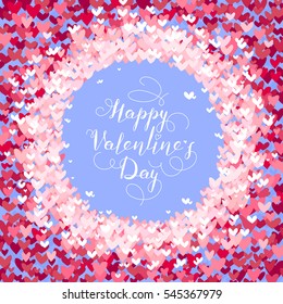 Valentines Day greeting in frame of red hearts on a blue background