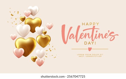 Valentine's Day Greeting with Gold and Pink Heart Decorations. Celebrate love and affection with this stylish Valentine's card featuring golden and pink hearts. Vector illustration EPS10