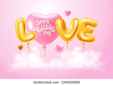 Valentines Day greeting. Golden foiled inflatable toy balloons letters love and heart shaped above clouds. Happy valentines day calligraphy text. Vector 3d realistic illustration