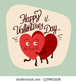 Valentine's day greeting with heart shaped character illustrations hugging and feeling in love