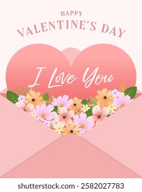 A Valentine's Day greeting with hearts and flowers inside a pink envelope.