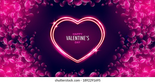 Valentines day greeting horizontal banner with pink neon heart and glowing pink petals isolated on background.  Valentines day poster or greeting card with shiny pink layout and beautiful heart