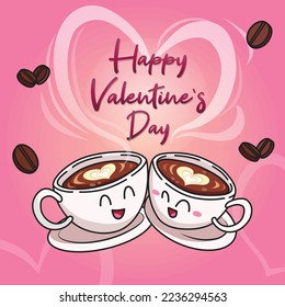 Valentines Day Greeting Illustration with Cute Coffee Cup Character and Heart-shaped Smoke. Latte Art in the Coffee and Coffee Beans Spread Around. Pink Gradient Background with Simple Heart Shapes.