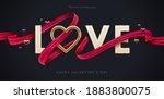 Valentines day greeting illustration. Word Love with  realistic golden heart and red paint brush stroke ribbon. Vector illustration.