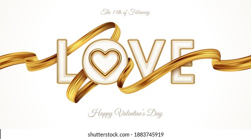 Valentines day greeting illustration. Word Love with realistic golden heart and paint brush stroke. Letters with golden border and ribbon. Vector illustration.