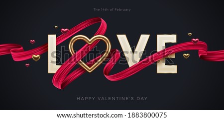 Valentines day greeting illustration. Word Love with  realistic golden heart and red paint brush stroke ribbon. Vector illustration.