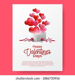Valentine's day greeting and invitation card. pop up flying helium 3d love heart balloon from open present gift box.