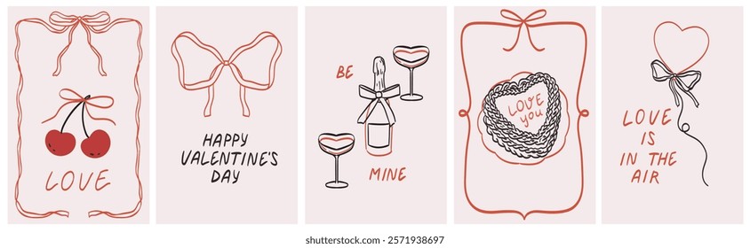 Valentines day greeting or invitation cards in coquette or french style. Placards, poster or banner with doodle simple line art style on pink background. Hand drawn chalk food and wine illustrations.