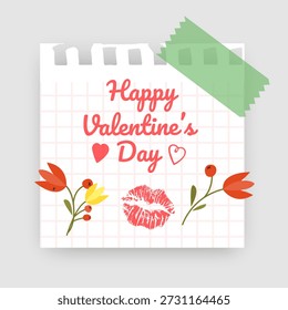 Valentine's Day greeting mockup com um quadrado rasgado de papel de notebook grade protegido Estética minimalista e limpa em um fundo cinza claro, perfeito para cartões de férias românticos, anúncios de mídias sociais, e cabeçalhos de blog sazonais. Modelo de folheto de venda de amor bonito