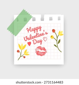 Valentine's Day greeting mockup com um quadrado rasgado de papel de notebook grade protegido Estética minimalista e limpa em um fundo cinza claro, perfeito para cartões de férias românticos, anúncios de mídias sociais, e cabeçalhos de blog sazonais. Modelo de folheto de venda de amor bonito