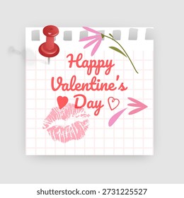 Valentine's Day greeting mockup featuring a torn square of grid notebook paper secured Minimalist and clean aesthetic on a light grey background, perfect for romantic holiday cards, social media announcements, and seasonal blog headers. Cute love sale flyer template