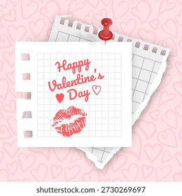 Valentinstag-Grußnote und ein rosafarbenes Lippenstift-Kusszeichen. Romantisches und realistisches Schreibwarendesign, perfekt für Urlaubsgrüße, Social-Media-Ankündigungen und Bloggrafiken zum Thema Liebe