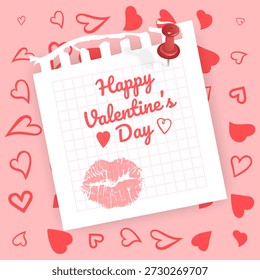 Nota de saludo de San Valentín y una marca de beso de lápiz labial rosa. Diseño de papelería romántico y realista, perfecto para saludos de vacaciones, anuncios en redes sociales y gráficos de blog con temas de amor