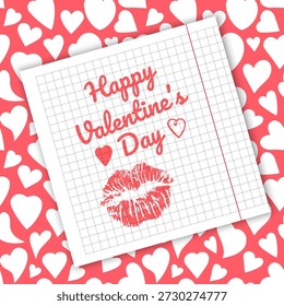 Nota de saludo de San Valentín y una marca de beso de lápiz labial rosa. Diseño de papelería romántico y realista, perfecto para saludos de vacaciones, anuncios en redes sociales y gráficos de blog con temas de amor