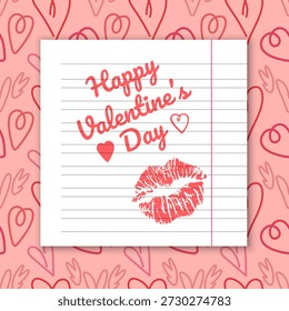 Dia dos Namorados com uma saudação e um beijo de batom rosa. Design de papelaria romântico e realista, perfeito para saudações de férias, anúncios de mídias sociais e gráficos de blog com tema de amor