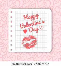 Valentinstag-Grußnote und ein rosafarbenes Lippenstift-Kusszeichen. Romantisches und realistisches Schreibwarendesign, perfekt für Urlaubsgrüße, Social-Media-Ankündigungen und Bloggrafiken zum Thema Liebe