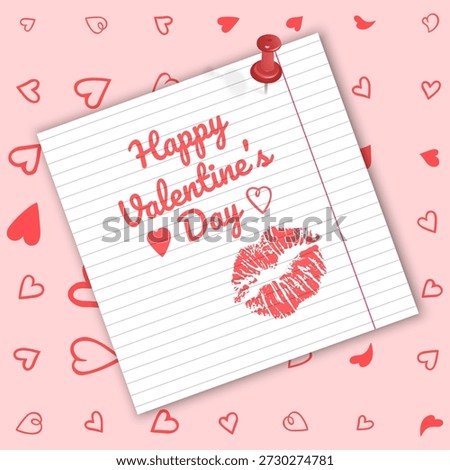 Valentine's Day greeting note and a pink lipstick kiss mark. Romantic and realistic stationery design, perfect for holiday greetings, social media announcements, and love-themed blog graphics