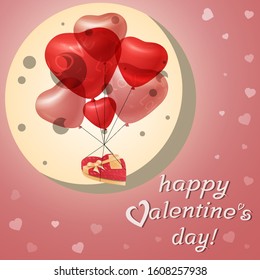 Valentine's day greeting pink card with a moon, gift and balloons.