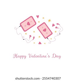 Valentine's day greeting with pink love-themed phones and earbuds.