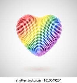 Valentines day greeting postcard: bright balls in the color of the rainbow in the shape of a 3D heart. Symbol of gay love. Concept of LGBT love and gay pride. EPS 10, vector illustration.