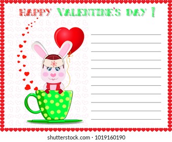 Valentines day greeting postcard. Cute cartoon rabbit in red hat with ear flaps holding red heart shaped balloon sitting in green cup and many hearts around on white background. Vector, space for text