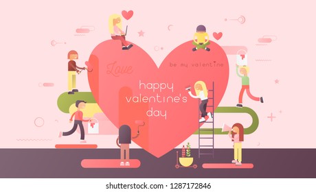 Valentines Day Greeting Postcard. Love Concept - Young People Making Valentine Card. Lovers near Big Heart in Living Coral Trendy Color. Vector Illustration. Design for Valentine's Festival.