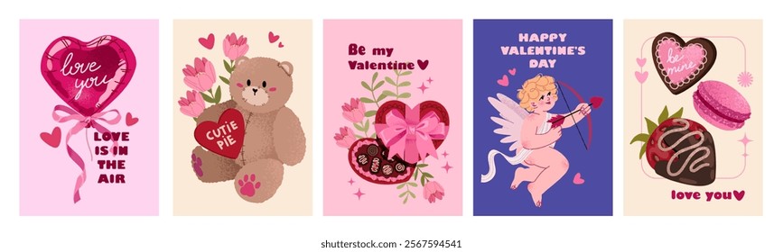 Valentine's day Greeting poster, greeting card, cover, label. Cute teddy bear, bouquet of flowers, cupid and sweet. Cartoon style.