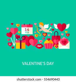 Valentines Day Greeting Poster. Flat Design Vector Illustration. Love Holiday Postcard.